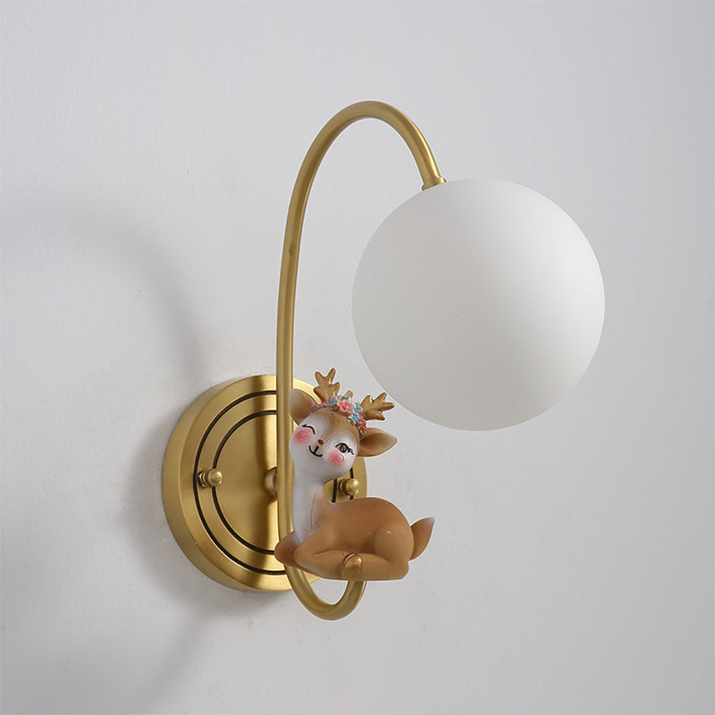 Gold Kids Night Lamp With Deer Decoration And Opal Glass Shade