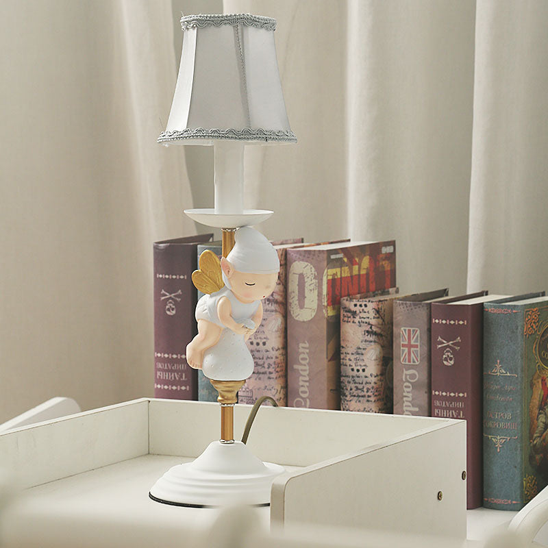 Small Elf Base Bedside Desk Light For Kids With White And Gold Empire Shade White-Gold