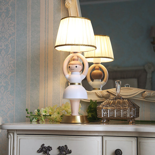 Vera - White White Cartoon Girl Light Base Table Lamp Kids 1 Head Resin Nightstand Lamp with Fabric Shade
