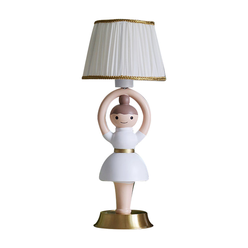 Cartoon Girl White Table Lamp For Kids - Resin Nightstand With Fabric Shade