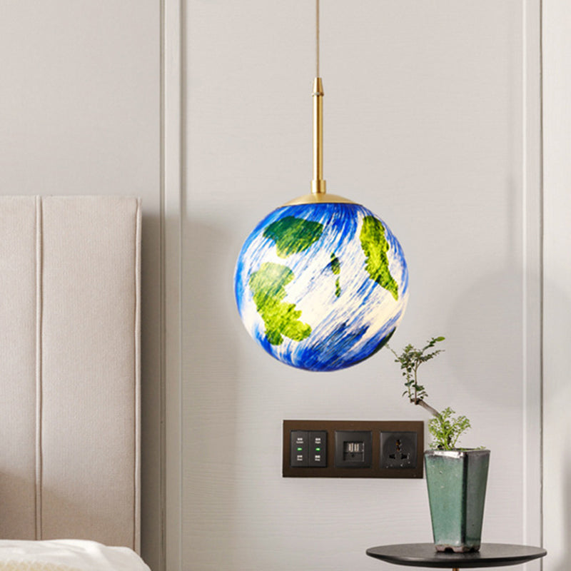 Cartoon Brass Pendulum Lamp With Blue Glass Shade - 1 Light Bedside Suspension 6/10 Wide