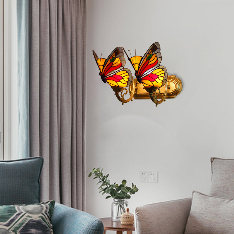 Butterfly Sconce Stained Glass Rustic Vanity Lighting With 2 Lights In Brass For Lodge Décor Red