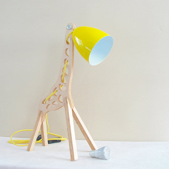 Cartoon Giraffe Night Light Table Lamp - Metal 1-Light With Wood Base In Blue/Red/Green Yellow