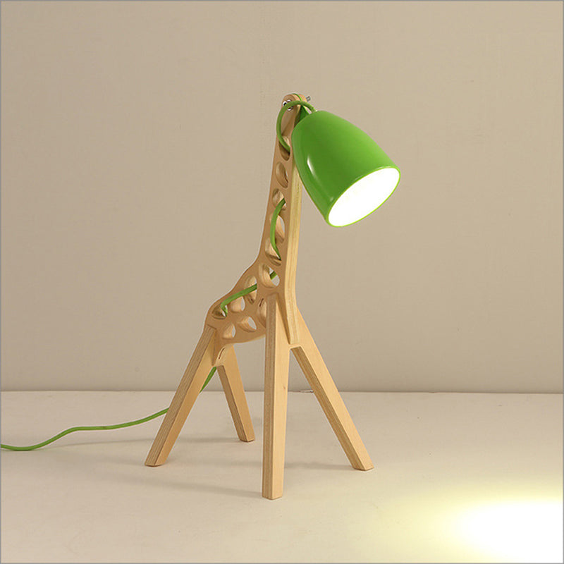 Cartoon Giraffe Night Light Table Lamp - Metal 1-Light With Wood Base In Blue/Red/Green