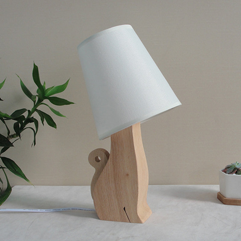 3D Dinosaur/Cat Cartoon Nightstand Lamp With Fabric Barrel Shade - White Wood Base 1 Bulb / Cat