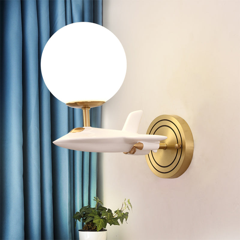 Gold Spaceship Wall Sconce With Cream Glass Globe For Kids Room - 1/2 Bulb Fixture In White & 1 /
