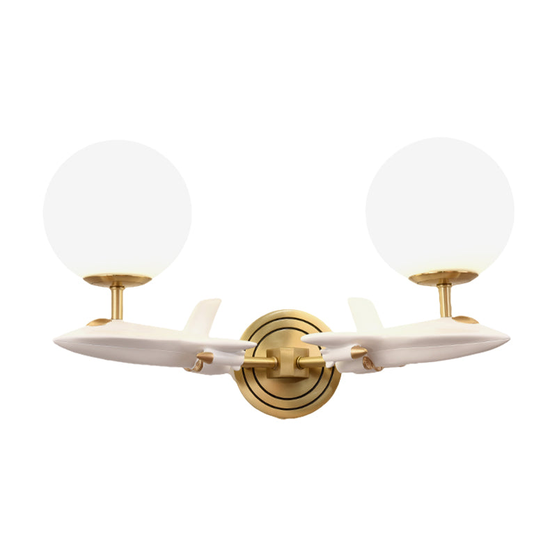 Gold Spaceship Wall Sconce With Cream Glass Globe For Kids Room - 1/2 Bulb Fixture In White &
