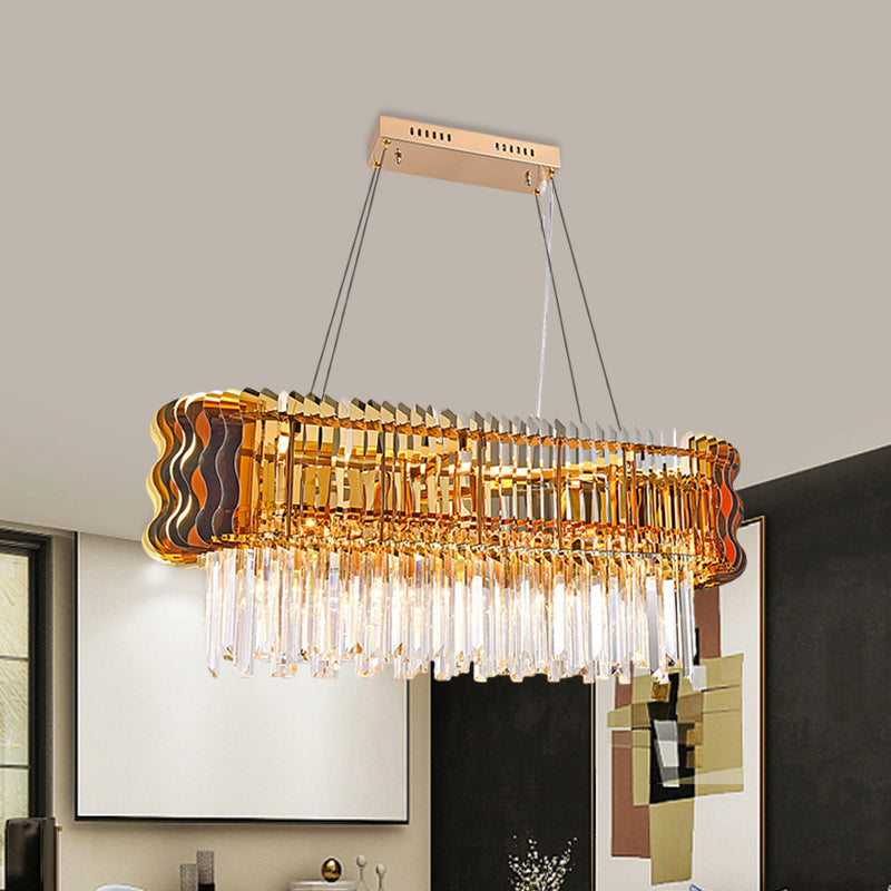 Modern Crystal Prism Island Pendant With Gold Finish: 6-Bulb Hanging Light