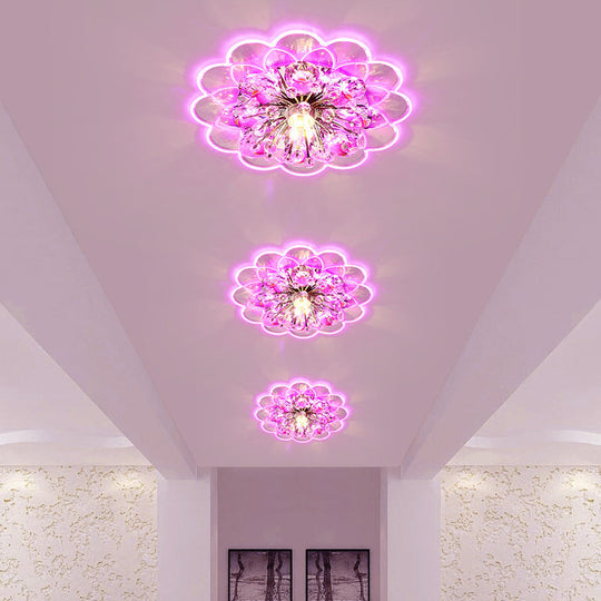 Modern Floral LED Flush Mount Ceiling Light with Beveled Crystal in Red for Porch, with Pink, White, and Warm Light Options.