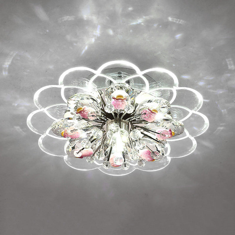 Modern Floral LED Flush Mount Ceiling Light with Beveled Crystal in Red for Porch, with Pink, White, and Warm Light Options.