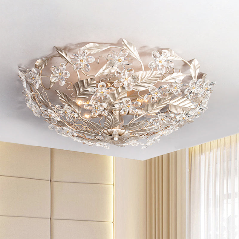 Modernist Flower Crystal Ceiling Mounted Fixture With Leaf Corridor Semi Mount Lighting Aged Silver