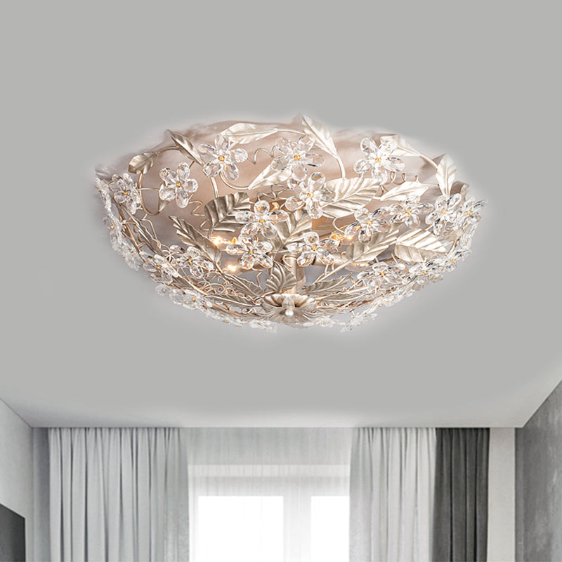 Modernist Flower Crystal Ceiling Mounted Fixture With Leaf Corridor Semi Mount Lighting