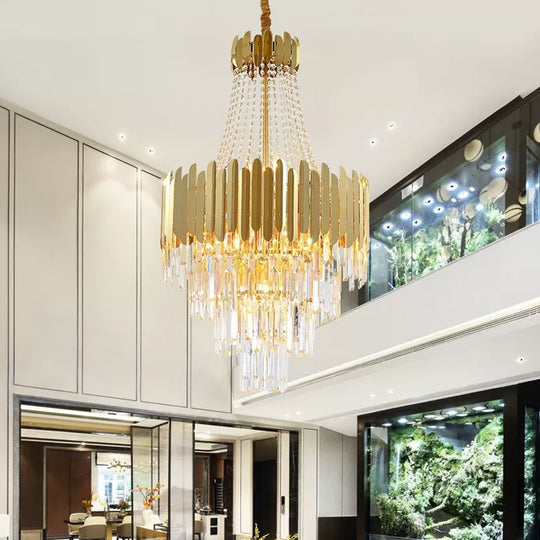 Golden Cone Design Chandelier With 10 Bulbs & Clear Crystal - Simplicity Tiered Lamp Fixture Gold