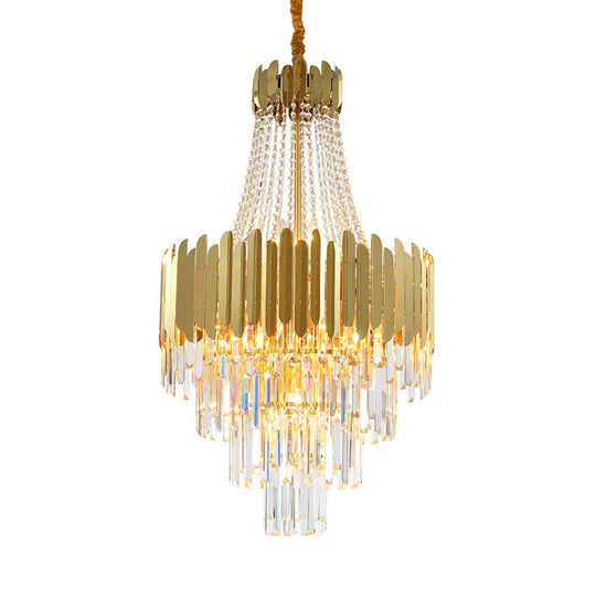 Gold Tiered Crystal Chandelier Lamp with 10 Bulbs – Elegant Simplicity and Cone Design