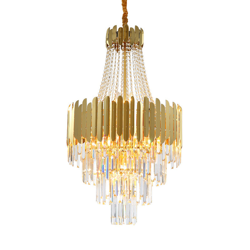 Golden Cone Design Chandelier With 10 Bulbs & Clear Crystal - Simplicity Tiered Lamp Fixture