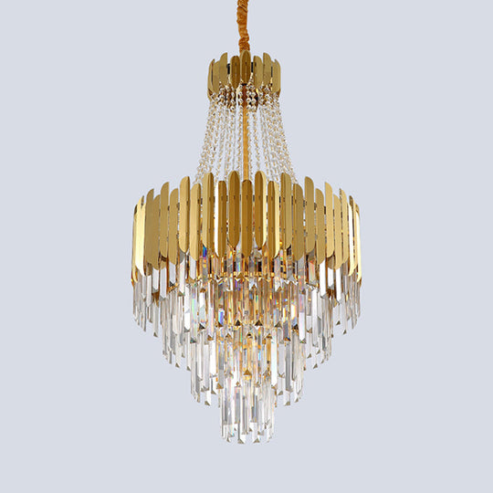 Golden Cone Design Chandelier With 10 Bulbs & Clear Crystal - Simplicity Tiered Lamp Fixture