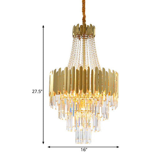 Gold Tiered Crystal Chandelier Lamp with 10 Bulbs – Elegant Simplicity and Cone Design
