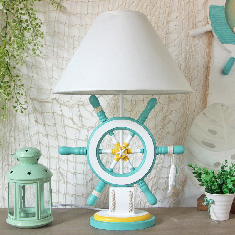 Rudder Wood Table Lamp - Cartoon 1 Head Pink/Green Nightstand For Bedroom With Fabric Cone Shade