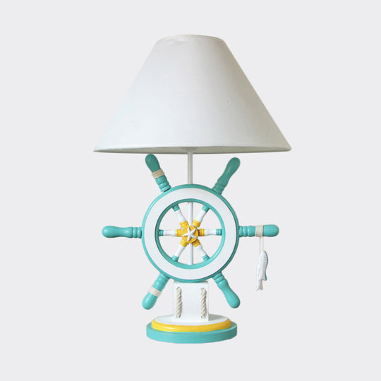 Rudder Wood Table Lamp - Cartoon 1 Head Pink/Green Nightstand For Bedroom With Fabric Cone Shade