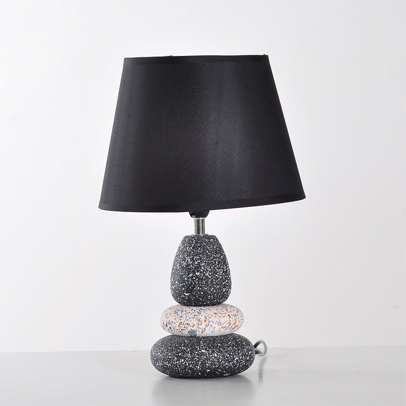 Modernist Led Night Table Lamp In Black/Grey Ceramic Stone Shape With Fabric Shade
