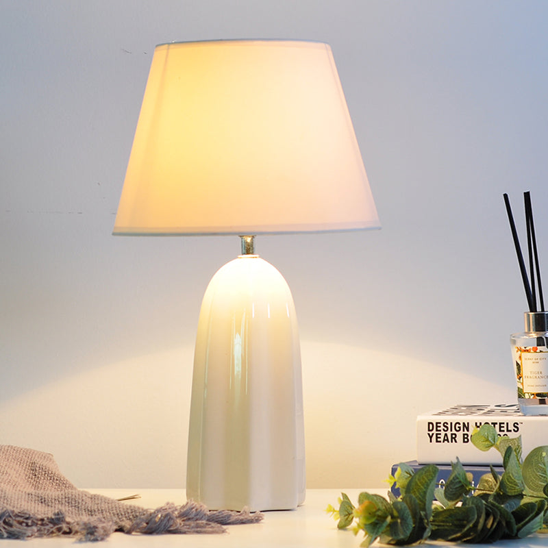 Modernist Fabric Barrel Table Lamp With Prism Ceramics Base - White/Brown Night Light 1 Bulb
