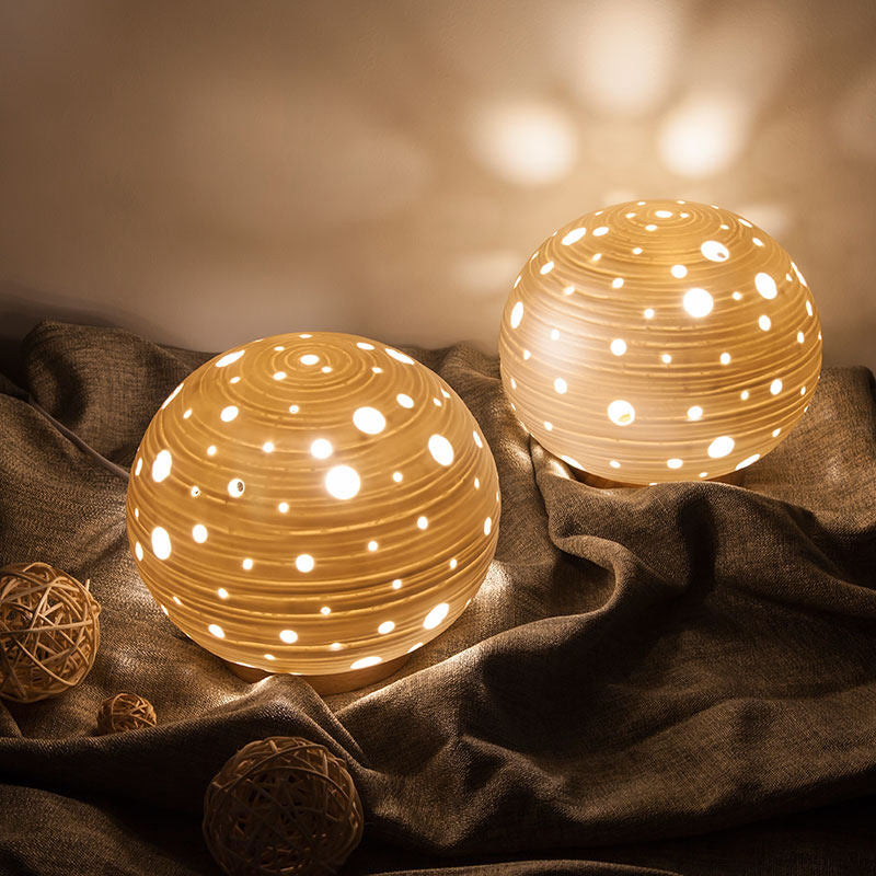 Contemporary White Desk Lamp - Laser-Cut Ball Ceramics Shade 1 Head Night Table Light