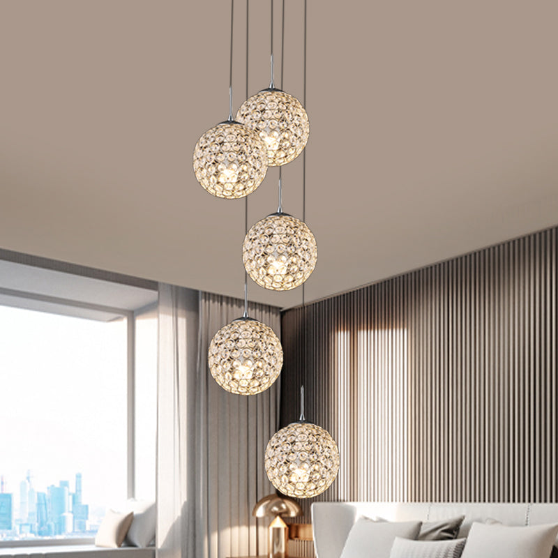 Cluster Pendant Ceiling Light With Crystal Embedded Chrome Finish - Modernist Design (3/5/6 Bulbs) 5