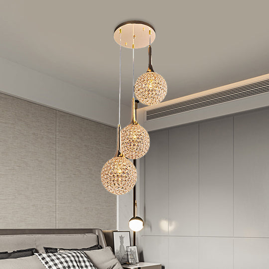 Simple Gold Dining Room Pendant With Crystal-Encrusted Globe Shade - 3/8 Heads Multi Light Kit 3 /