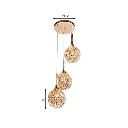 Simple Gold Dining Room Pendant With Crystal-Encrusted Globe Shade - 3/8 Heads Multi Light Kit