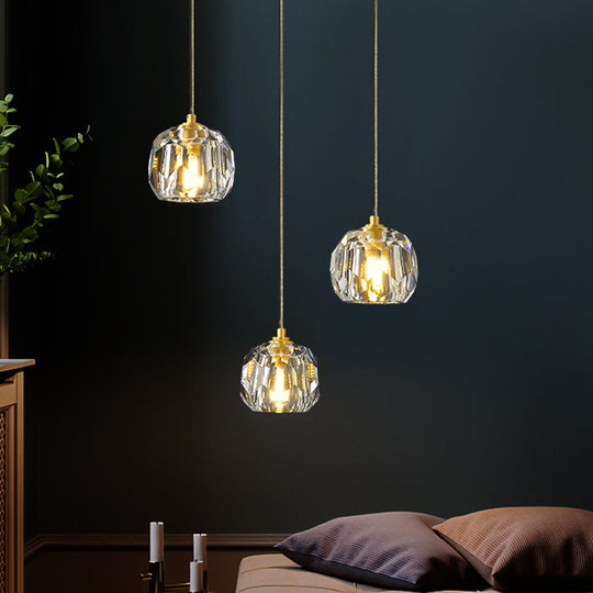 Contemporary Gold Crystal Pendant Light With 3 Heads - Stunning Cluster Design Domed Hanging Lamp