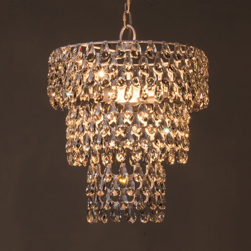 Minimal Tiered Round Crystal Pendant Light With Embedded Clear Crystals - 1 Hanging Suspension