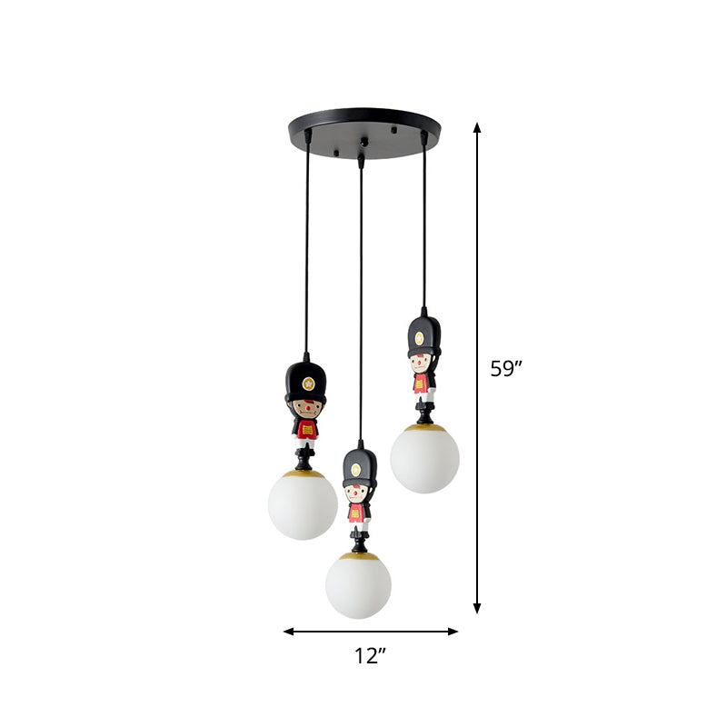 Cartoon Glass Globe Pendant Light With Soldier Decoration: 3-Head Black Multi-Light Kit