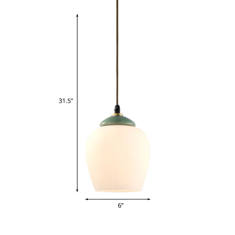 Traditional White Glass Pendant Lamp With Ceramic Top For Restaurants - Tulip/Bell Style