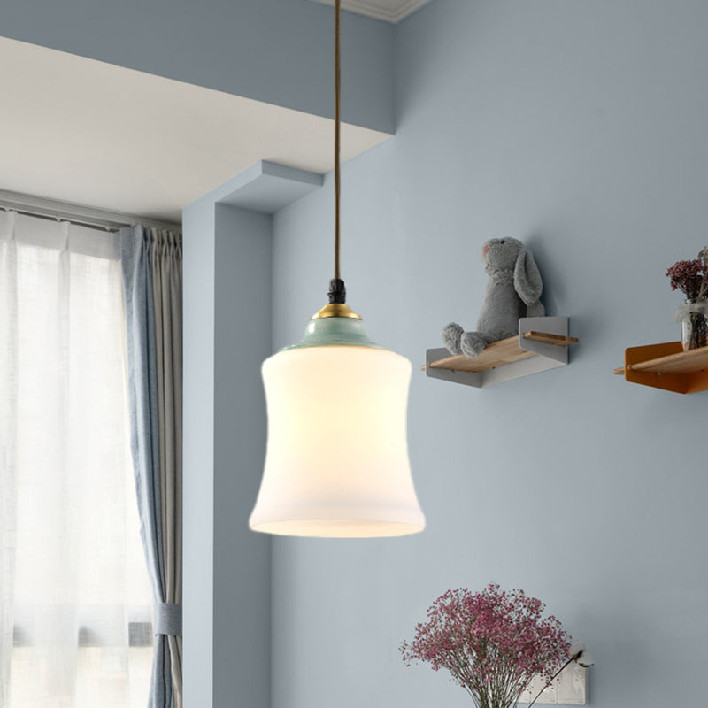 Traditional White Glass Pendant Lamp With Ceramic Top For Restaurants - Tulip/Bell Style / B