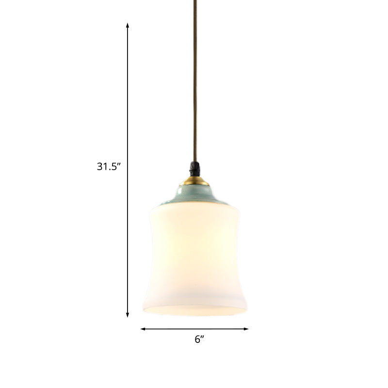 Traditional White Glass Pendant Lamp With Ceramic Top For Restaurants - Tulip/Bell Style