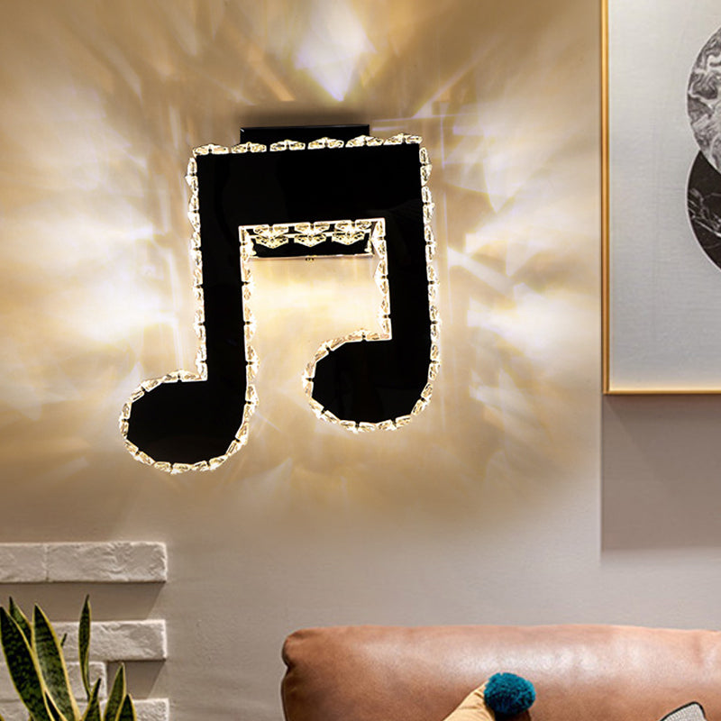 Minimalist Led Wall Lamp With Faceted Crystal Music Note Design - Black Chrome