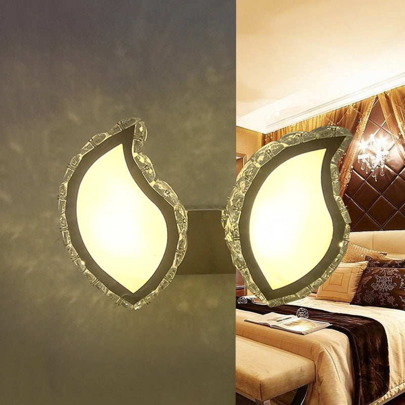 Modern Chrome Wall Sconce With Clear Crystal Led For Leaf Bedroom