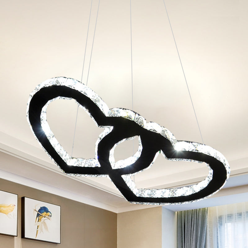 Modern Double Loving Heart LED Pendant Chandelier with Clear Crystal, Black Shade and Warm/White Light