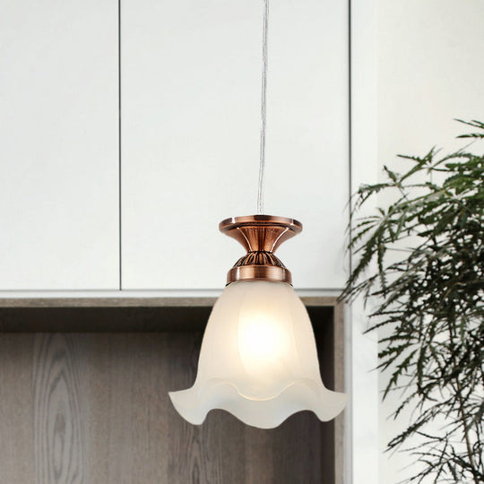 Vintage White Scalloped Glass Hanging Lamp With 1-Bulb Suspension Pendant - Copper/Bronze For Living