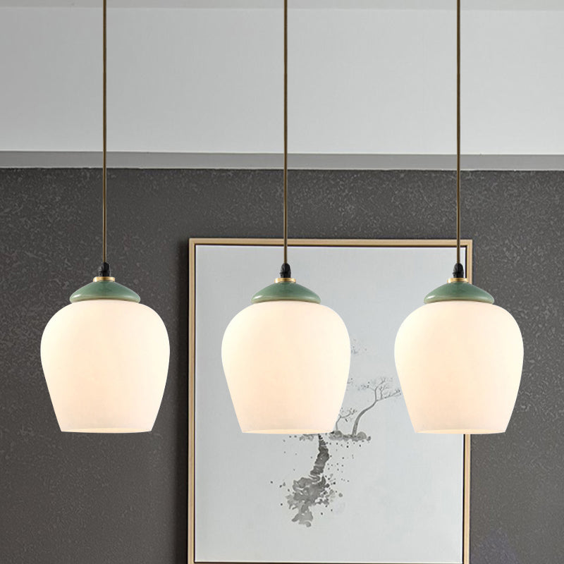 White Glass Cluster Pendant Lamp With Ceramic Top - Classic 3 Heads Suspension For Living Room