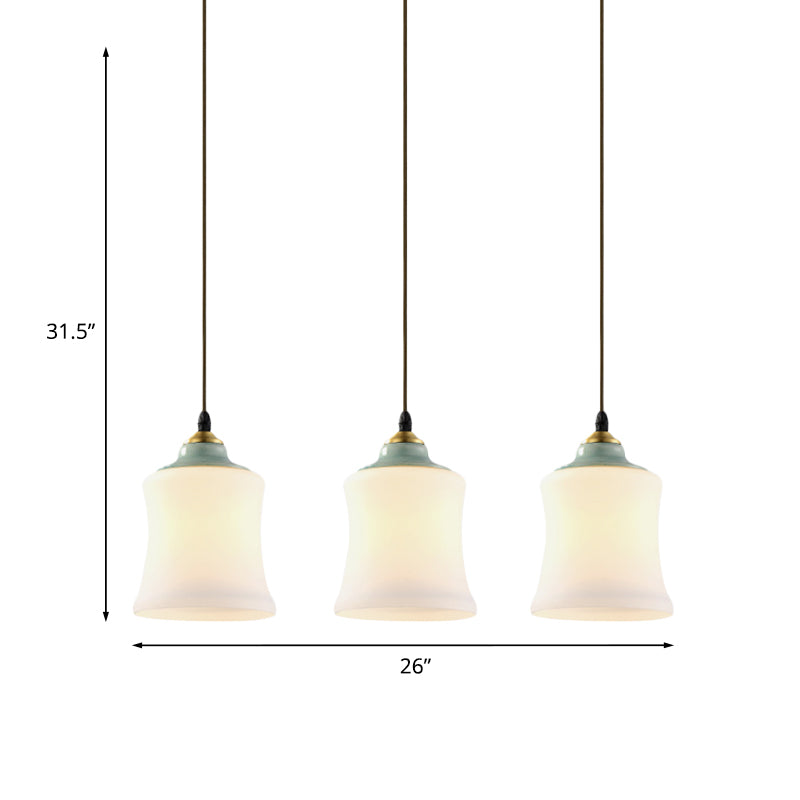 White Glass Cluster Pendant Lamp With Ceramic Top - Classic 3 Heads Suspension For Living Room