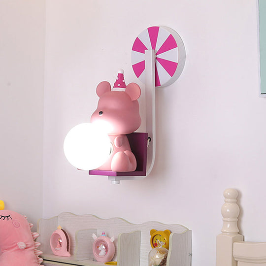 Adorable Birthday Bear Ball Wall Lamp - Cartoon Resin 1-Light Sconce Light Pink