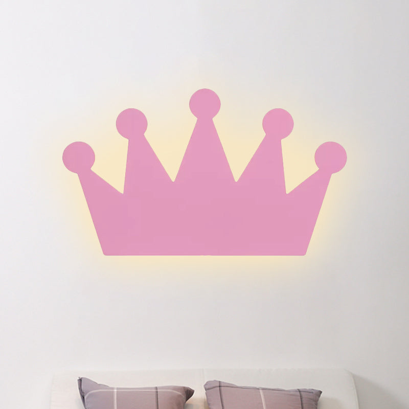 Cartoon Led Wall Sconce For Kids Bedroom - Wooden Crown Design In Yellow/Pink Pink