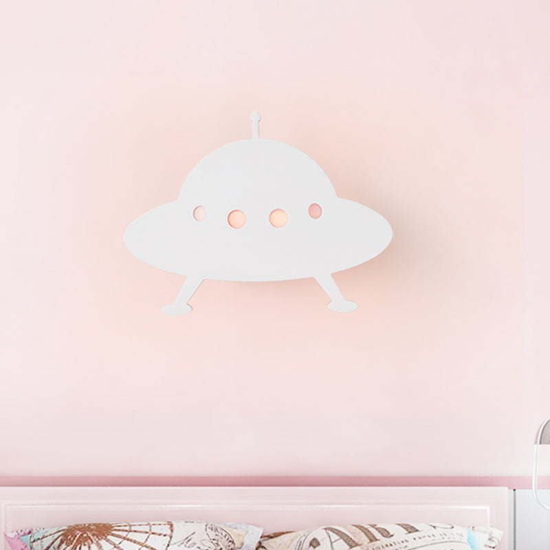 Wooden Ufo Kids Led Wall Light With Remote - White Sconce For Child Bedside