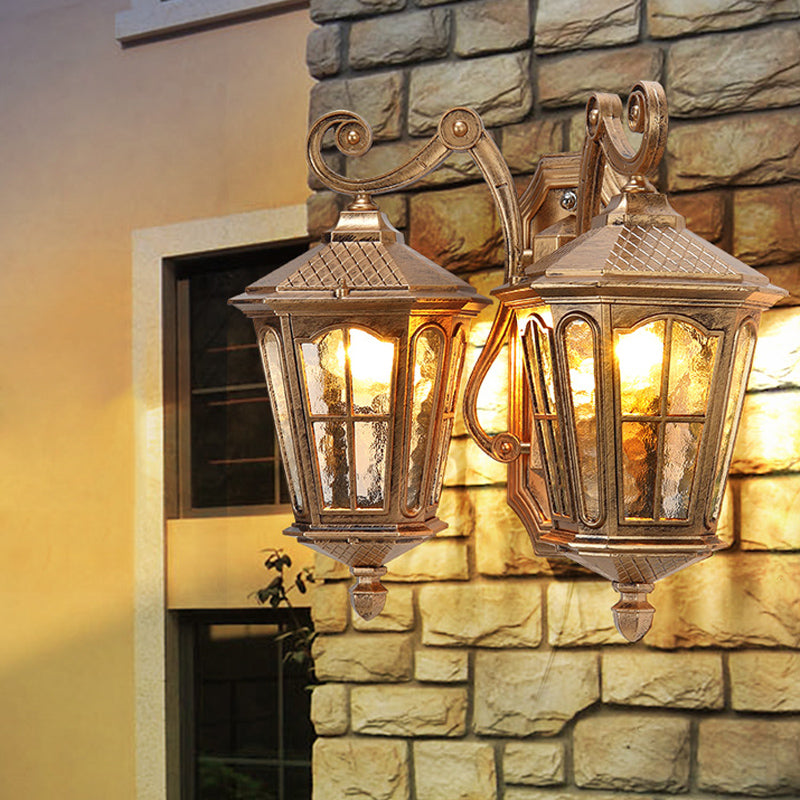 Bronze 2-Light Lodge Lantern Wall Lamp With Clear Water Glass Fixture