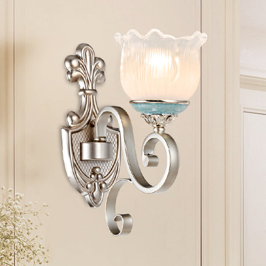 Traditional Cream Glass Blossom Wall Sconce Light With Scrolled Arm - Silver 1/2-Head Lighting