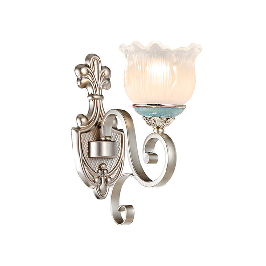 Traditional Cream Glass Blossom Wall Sconce Light With Scrolled Arm - Silver 1/2-Head Lighting