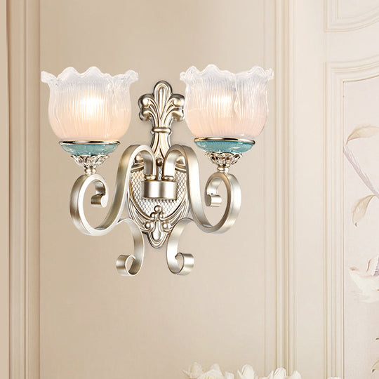 Traditional Cream Glass Blossom Wall Sconce Light With Scrolled Arm - Silver 1/2-Head Lighting