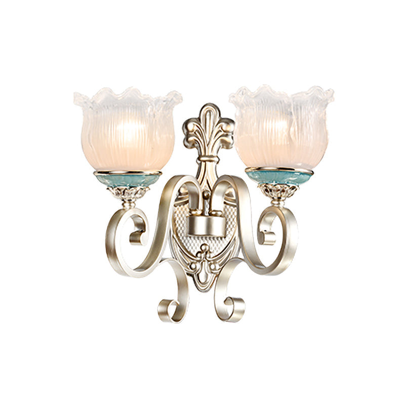 Traditional Cream Glass Blossom Wall Sconce Light With Scrolled Arm - Silver 1/2-Head Lighting