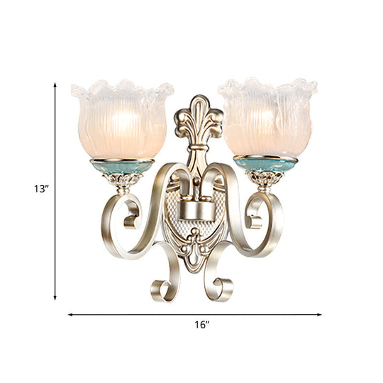 Traditional Cream Glass Blossom Wall Sconce Light With Scrolled Arm - Silver 1/2-Head Lighting